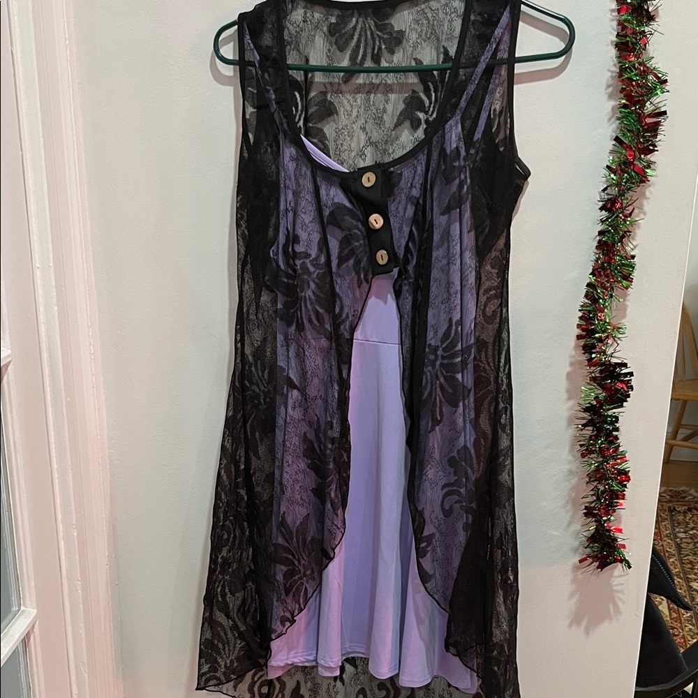 Black Lace Overlay Dress with Purple Underlay
